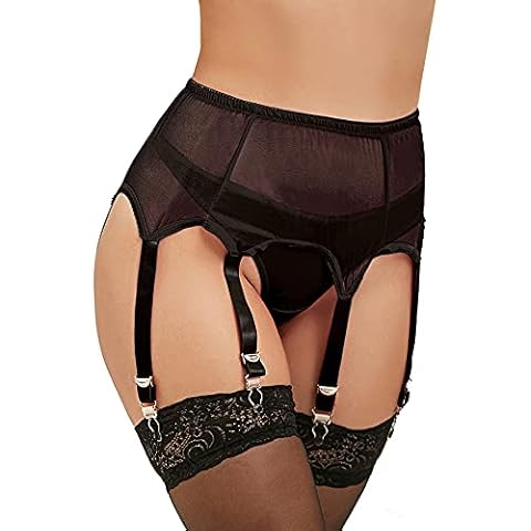 Yummy Bee - 6 Strap Suspender Belt Set - Waspie High Waisted Garter Belt Set - Metal Straps - Plus Size Lingerie Set 8-22 (Black, 12-14) Cover