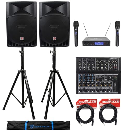 (2) Rockville RPG15 15" 2000w Active PA/DJ Speakers+Mixer+Mic+Stands+Cables+Bag