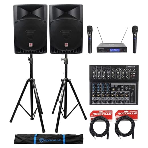 (2) Rockville RPG15 15" 2000w Active PA/DJ Speakers+Mixer+Mic+Stands+Cables+Bag
