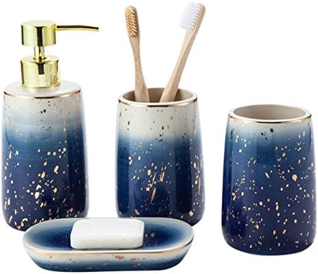 Ceramics Bathroom Accessories Set, 4 Piece Marble Bathroom Countertop Accessory Set Home Decor Accessories with Soap Dispenser, Toothbrush Holder, Bathroom Tumbler, Soap Dish