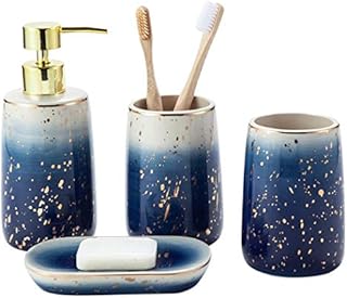 Ceramics Bathroom Accessories Set, 4 Piece Marble Bathroom Countertop Accessory Set Home Decor Accessories with Soap Dispenser, Toothbrush Holder, Bathroom Tumbler, Soap Dish