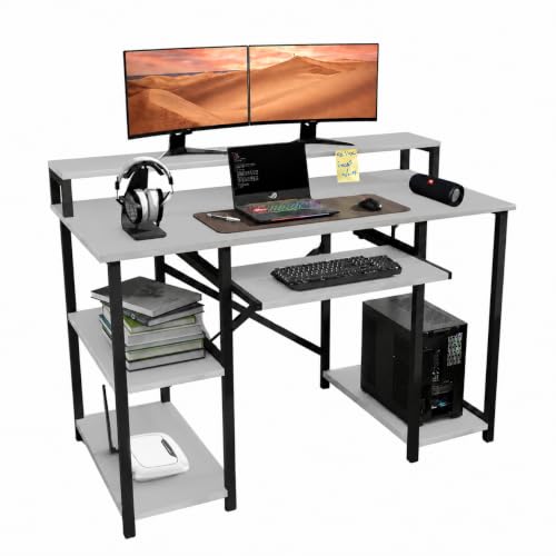 Image of Klaxon Computer Table for Home Office with Keyboard Tray and Monitor Stand, Engineered Wood Study Table and Gaming Desk with Storage Shelves (150 CM - White DIY)