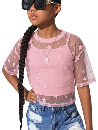 Image of BEAUDRM Girl's 2 Piece Set Star Graphic Sheer Mesh Shirt Crew Neck Short Sleeve Crop Top with Camisole