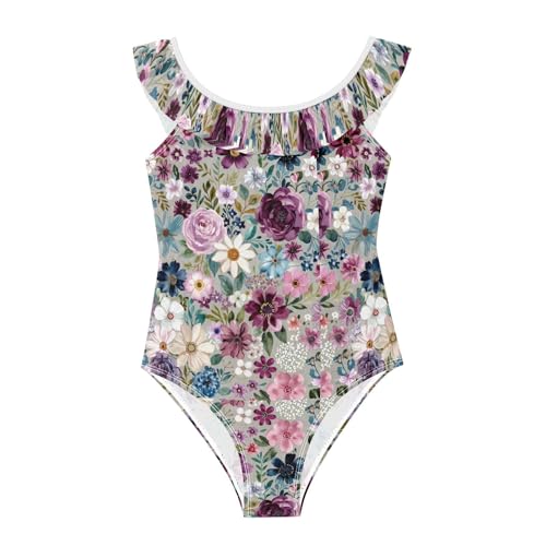 Maillot de bain pour filles anti-irritation à bretelles volantées et fleurs violettes