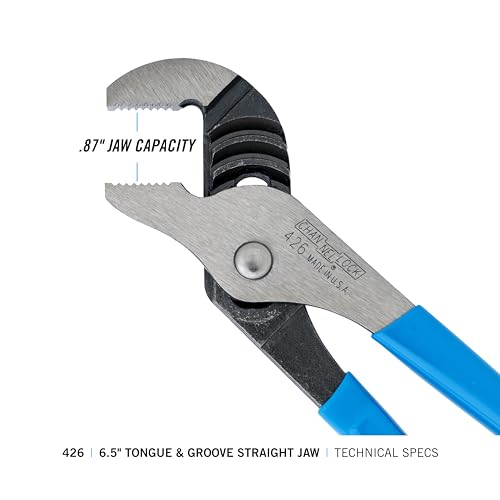 CHANNELLOCK 426 6.5-inch Straight Jaw Tongue & Groove Pliers, Made in USA, 0.87-inch Jaw Capacity, Laser Heat-Treated 90° Teeth, Forged High Carbon Steel - Image 4