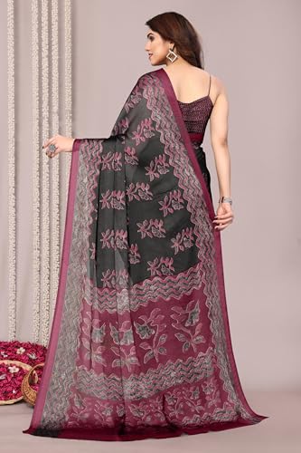 Image of MIRCHI FASHION Women Saree | Chiffon Leaf and Checked Print Professional Office Sari with Blouse