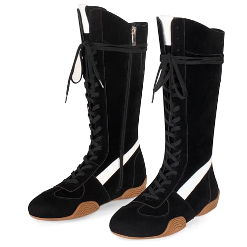 Womens Suede Lace Up Tall Boxing Boots - Retro Style Knee-High Streetwear Fashion Sneakers with Zipper, Non-Slip Sole