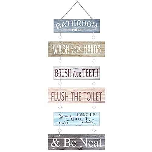 Bathroom Rules Signs Bathroom Wall Decor 6 Pcs Wooden Wall Decor 24 x 11 Inches Toilet Hanging Decoration Farmhouse Toilet Signs(Colorful)