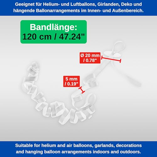 Ballonverschlüsse mit Band, 50 Pack, in Weiß, 120 cm reißfestes Polyband, Ballonband mit Schnellverschluss für Heliumballons und Luftballons, Ballongirlande, Luft Ballon Verschlüsse für Dekoration