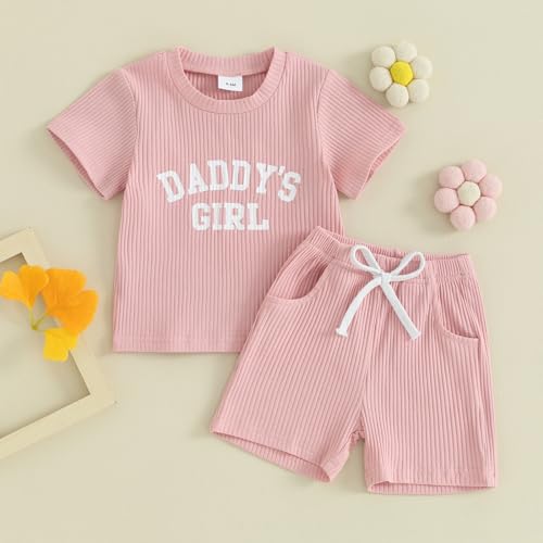 CREAIRY 2Pcs Newborn Baby Girl Outfits Daddy\'s Girl Knitted Short Sleeve T-Shirt Tops Shorts Pants Set Toddler Summer Clothes (Pink, 18-24 Months) - Thumbnail 2