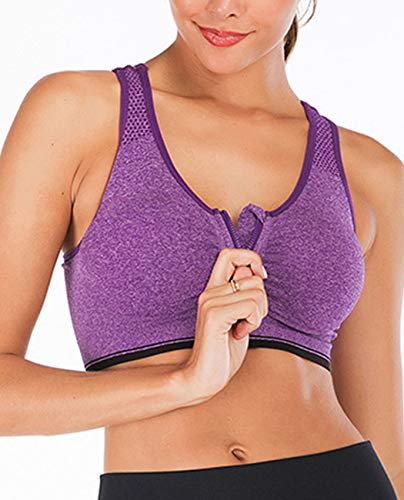 Florata Women's Zip Front Sports Bra Seamless Wirefree Post Surgery Racerback Yoga Bras #TOP5