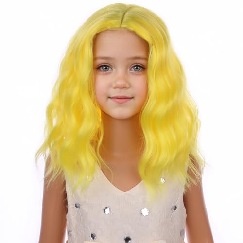 Image of PATTNIUM Kids Yellow Wig Short Curly Wavy Light Yellow Bob Wigs for Girls Cosplay Party Heat Resistant Synthetic Hair Wigs
