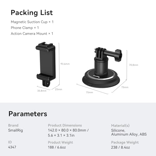 Image of SMALLRIG 2-in-1 Magnetic Suction Cup Mount, Powerful Camera Mount for Gopro, for Insta360 and Phone, 360º Rotation for Car and Gym 4347