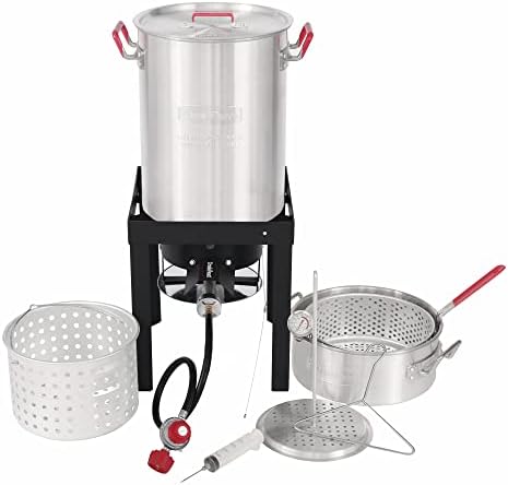 Creole Feast TFP1030 Turkey and Fish Fryer Pot Seafood Boiler Steamer Kit, 50000 BTU Propane Gas Burner, Silver