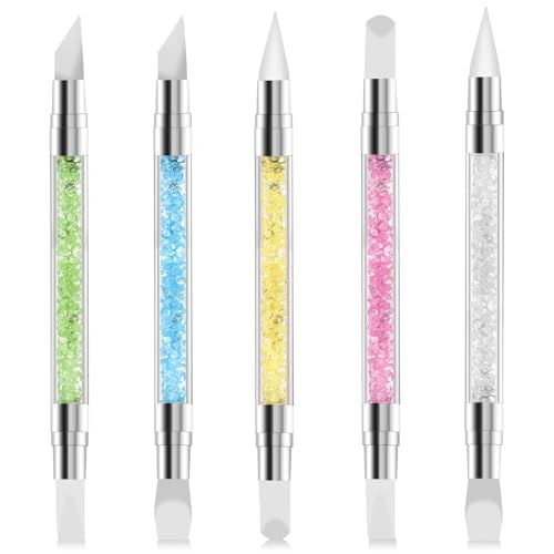 5 PCS Dual Tipped Silicone Nail Tools, Silicone Head Acrylic Handle Nail Art Brushes Nail Sculpture Pen Rhinestone Nail Polish Acrylic Carving Pen for Home Salon Design Nail Foil Carving Drawing