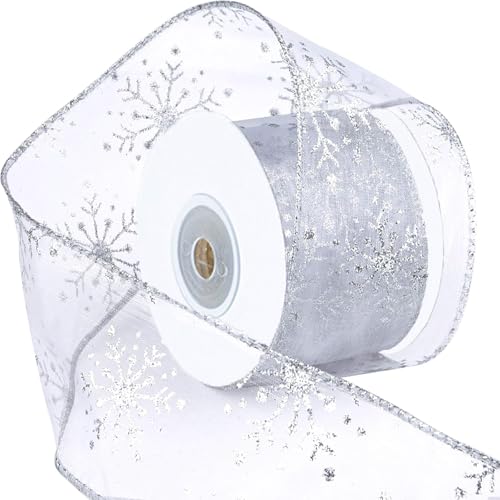 Snowflake Glitter Wired Ribbon 2.5 Inch Silvery 10 Yards - Perfect for Christmas Tree Wreath & Gift Decoration