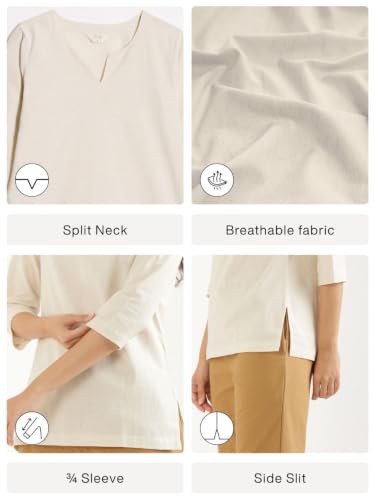 Image of SAADAA Airy Linen Split Neck Short Kurta for Women | Casual & Office Wear | 3 /4 Sleeves, Comfortable Fit | Elegant Top | Lightweight & Breathable Fabric |