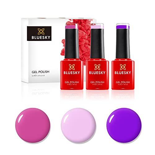 BLUESKY Gel Nail Polish Set. Summer Pinks and Purples. Purple Ahoy A100, Cake Pop 80547 and Hot Pop Pink 80519. 3 x 5ml Gel Nail Polishes (Requires curing under UV/LED Lamp)