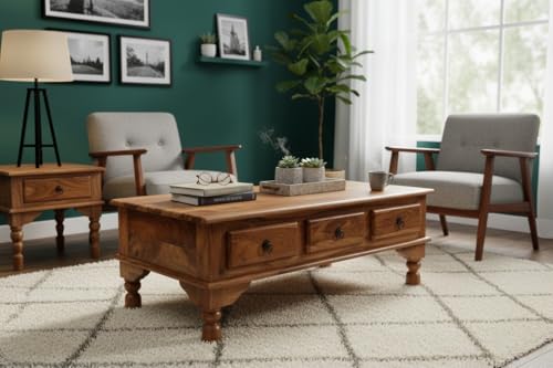 Image of Solid Sheesham Wood Coffee Table with 3 Drawer | Wooden Center Table with Storage Drawer | Living Room Tea Table | Solid Wood Centre Table for Home | Honey Finish