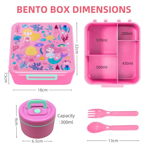 Lunch Box for Kids, Children Bento Lunch Box with 4 Compartments for School, Leak-Proof Kids Lunchbox with Thermo Soup Bowl for Girls and Boys, Microwave| Dishwasher| Freezer Safe & Bpa-Fre (Pink)