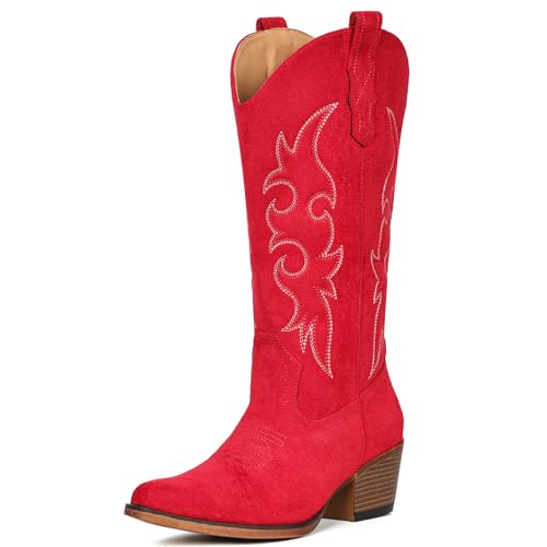 Image of IUV Cowboy Boots For Women Western Cowgirl Boots Mid Calf Snip Toe Boot With Chunky Heel