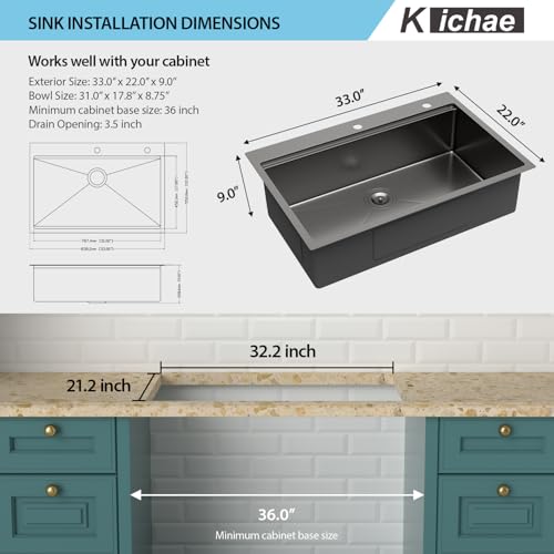 Image of 33 Black Drop In Kitchen Sink - Kichae 33 x 22 Drop In Kitchen Sink Workstation Gunmetal Black Nano Coating 304 Stainless Steel 16 Gauge with Glass Rinser & Cutting Board