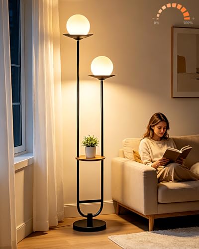 Image of Lightdot 63IN Black Floor Lamp with U Pole, 2 Globe Mid Century Standing Lamps Dimmable with 3000K Warm White LED Bulbs, Unique Vintage Tall Floor Lamp for Living Room /Wedding /Party