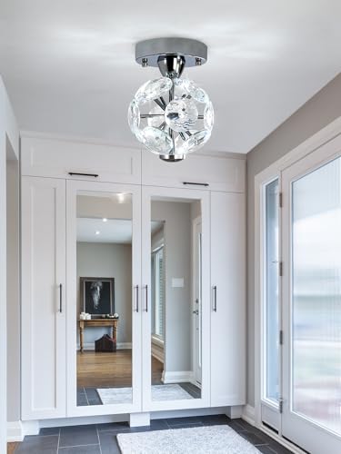 ykolupty Modern Small Crystal Ceiling Chandelier Mini Black Semi Flush Mount Chandelier Light Fixture for Hallway Bedroom Bathroom Globe Ceiling Light Fixture