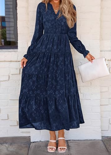 Image of KIRUNDO Spring Wedding Guest Dresses for Women 2026 Maxi Floral Long Sleeve Elegant Ruffle Tiered Flowy Party Long Dress