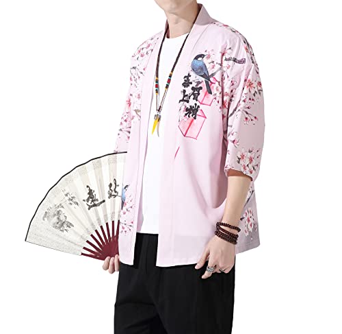 Image of PRIJOUHE Men's Lightweight Kimono Jacket Seven Sleeve Open Front Cardigan Coat Japanese Style Bathrobe