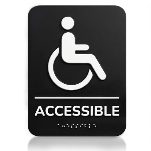 Accessible Restroom Sign ADA Compliant with Grade 2 Braille - Matte Black Acrylic Bathroom Signage for Business, Office & Restaurant - 6x8 Inch Peel and Stick Door Decor (Wheelchair Symbol)