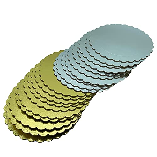 Juego de bases de tartas doradas y plateadas de cartón de 3 mm de grosor, con borde decorativo ondulado dentado, en varias cantidades para servir, transportar y apilar tartas y pasteles Cover