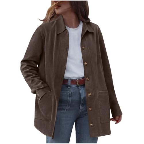 Womens Faux Suede Bomber Jackets Autumn Winter Lapel Button Coat Casual Loose Fit Fashion Elegant Solid Ladies Outerwear winter jackets for women Brown L