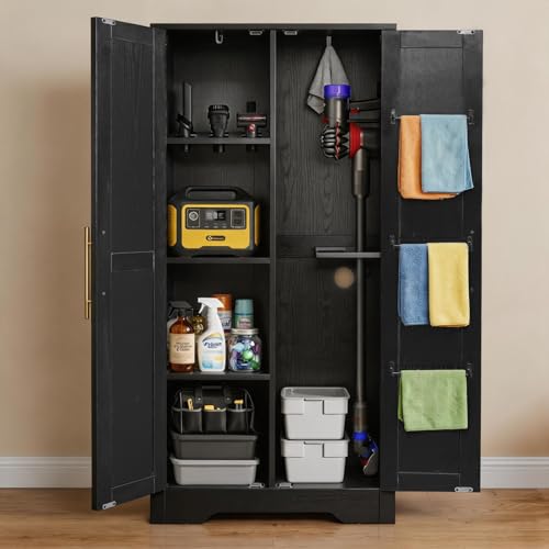 NORTHSKY Wooden Storage Cabinet 55 Broom Closet & Vacuum Cleaner Holder Compatible with Dyson Utility Cabinet for Brooms&Mops Cleaning Cabinet w/Doors for Garage Laundry Mudroom Home Office Black