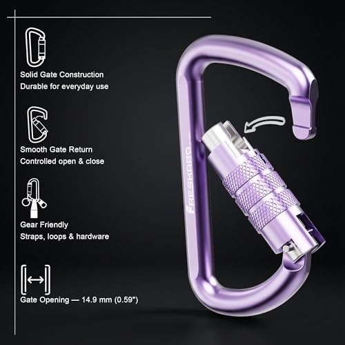 Image of FresKaro 3inch 12kN-2698lbs Auto Locking Carabiner Clips, Solid D Shape, Heavy Duty 7075 Aluminum, Lightweight 1.09oz, Rust Proof, for Hammock, Hiking, Dog Leash, Keychain etc., Multi-Colors