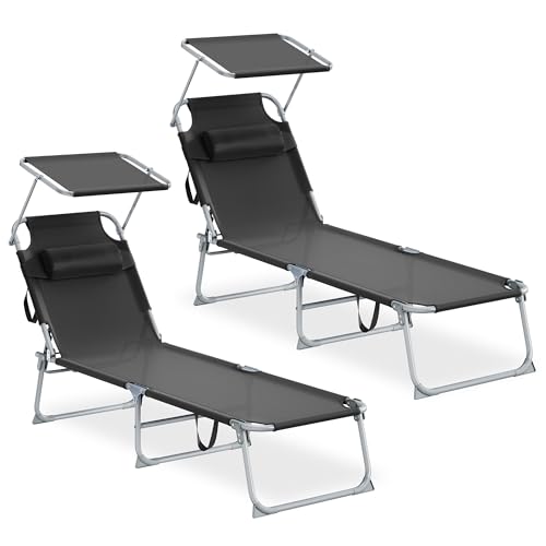 SONGMICS Lot de 2 Chaises Longues Pliantes, Appui-Tête, 189 x 53 x 28,5 cm, Transats Jardin, Chaque Chaise Supporte 110 kg, Pare-Soleil et Dossier Réglables, pour...