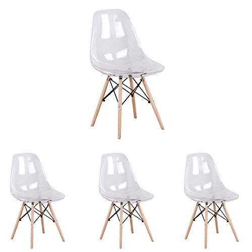 GroBKau Juego de 4 sillas de comedor estilo nórdico de acrílico transparente estilo muebles de cocina, patas de madera de haya maciza