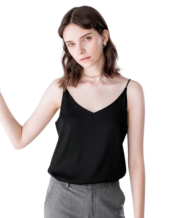 Women's V-Neck Camisole Top, Sleeveless Spaghetti Strap, Black-image-17