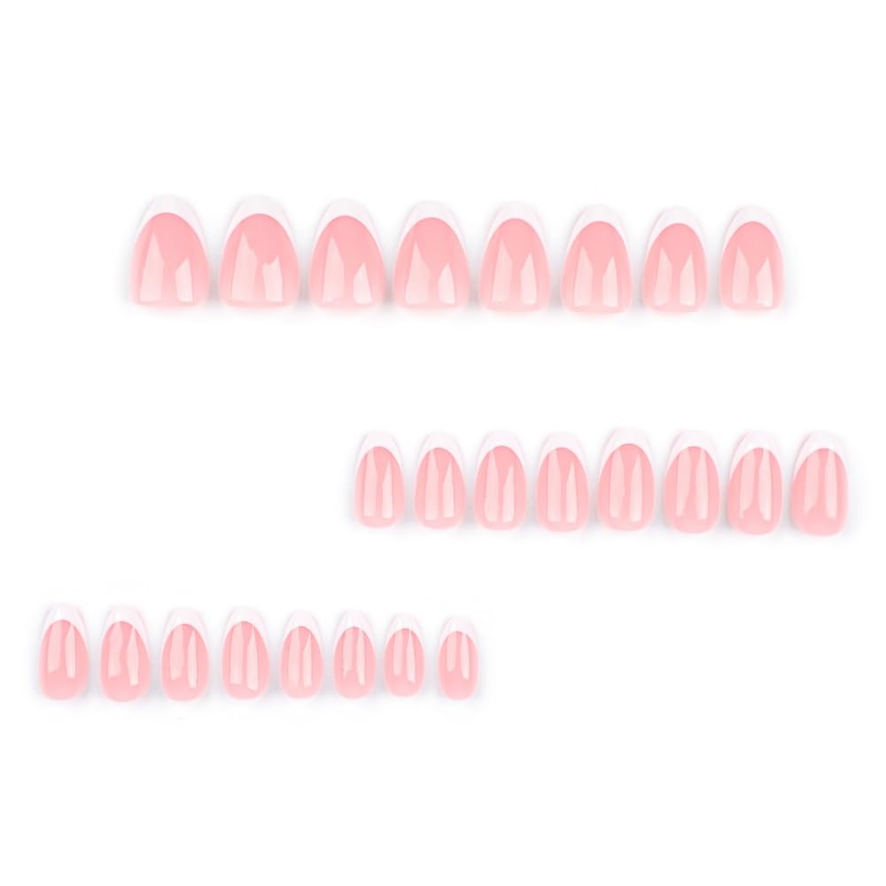 JUSTOTRY 24 Pcs Almond Short False Nails Pattern,White and Pink Press on Nails,Glossy Fake Nails Medium for Nail Art,French Oval Stick on Nail for Women Gifts - Image 2