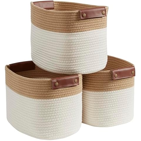 Organizix 3 Pack Cotton Rope Storage Basket Woven Shelf Storage Bin with Faux Leather Handles, Decorative Closet Shelf Woven Basket for Storage Organizers, 15 x 10 x 9, Brown/Cream Cover