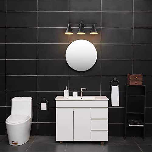 Image of Globe Electric 52060 Tristan 5-Piece All-In-One Bathroom Set, Matte Black, 3-Light Vanity Light, Towel Bar, Toilet Paper Holder, Towel Ring, Robe Hook