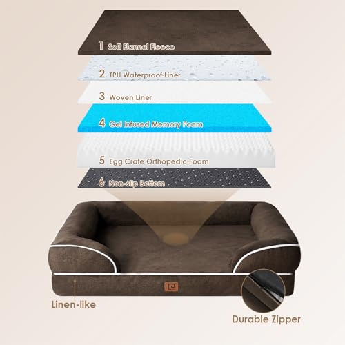 Image of EHEYCIGA Orthopedic Dog Beds for Extra Large Dogs, Waterproof Memory Foam XL Dog Bed with Sides, Non-Slip Bottom and Egg-Crate Foam Big Pet Couch Bed with Washable Removable Cover, Brown