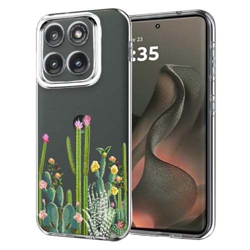 Unov Case Designed for Motorola Moto Edge 2025, Crystal Clear Phone Case with [Anti-Slip Embossed Pattern], Shockproof Slim Protective [Anti-Yellowing TPU] Back Cover, Cactus Flants