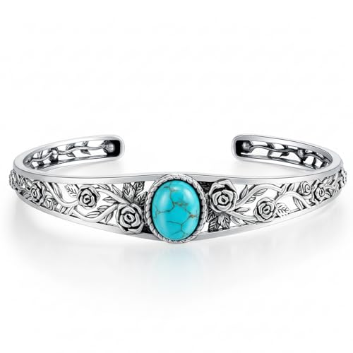 DOLIOX Genuine Turquoise Vintage Rose Bracelet, Sterling Silver Boho Adjustable