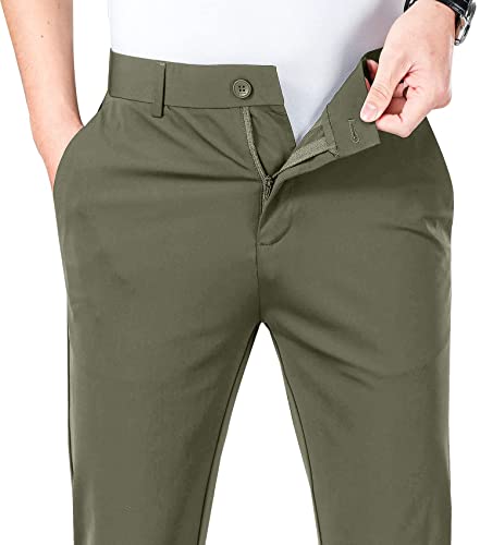 Lushenuni Men's Golf Pants Slim High Stretch, Ice Silk Dress Pants With Expandable-Wais Pants(Dark Green,33) #TOP3