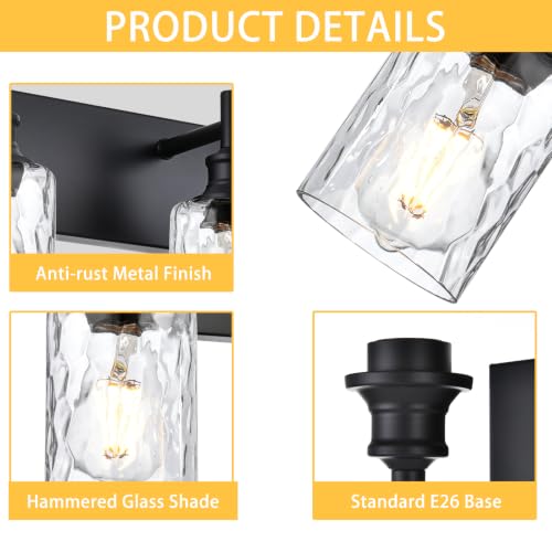 Image of 6 Light Bathroom Vanity Lights, Black Finish, Hammered Glass Shade | Modern Bathroom Wall Sconce Above Mirror, Dimmable Bath Wall Lighting Fixtures, E26 Socket, for Bedroom, Living Room, Kitchen