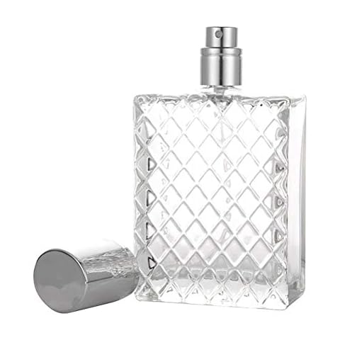 Leikance Glass Spray Bottle,Square Grids Portable Clear Travel Refillable Perfume Glass Empty Bottle 100ml Cover