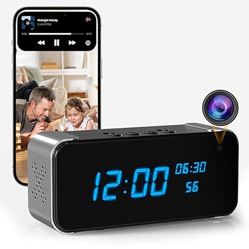 Tccbac Mini Caméra de sécurité Domestique, Camera Espion de Surveillance WiFi 4K, caméra multifonctionnelle Trois-en-Un, avec Haut-Parleur Bluetooth, Fonction de Vision Nocturne, Spy caméra réveil.