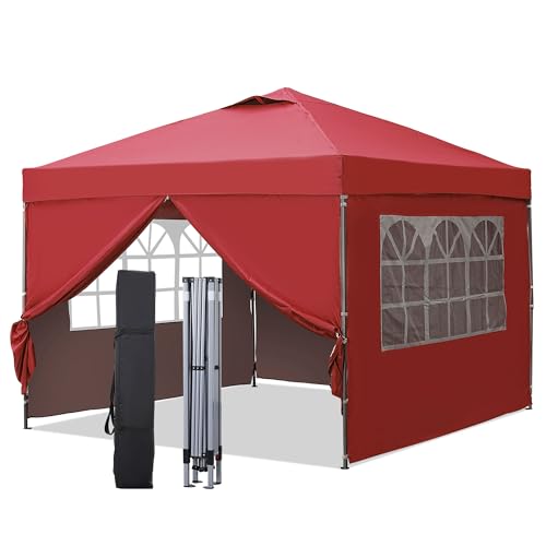 GDY 10'x10' Easy Set Up Camping Canopy, Pop Up Tent with 4 Piece Sidewalls, Easy Up Canopy for Events, Parties, Gatherings, Camping, Red.