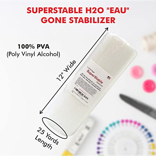 Superpunch Wash Away Stabilizer, Superstable H2O "Eau" Gone White Fsl 12 Inch X 25 Yard Roll - Machine Embroidery Stabilizer Backing, Wash N Gone Wash Away For Free Standing Lace, Made In Usa #TOP1
